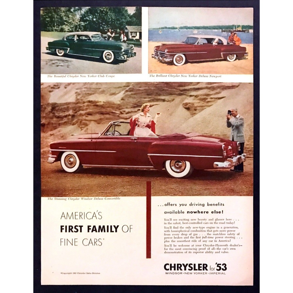 1953 Chrysler Windsor Deluxe Convertible photo "Superior Value" vintage print ad